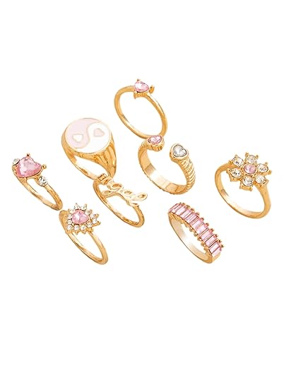 Juego de 8 anillos apilables, Rose con circonita cúbica, color dorado y rosa - Quierox - Tienda Online
