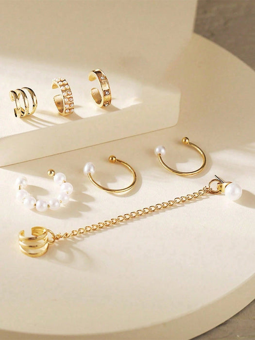 Juego de 8 piezas de pendientes de clip con borlas de perlas para mujer - Quierox - Tienda Online