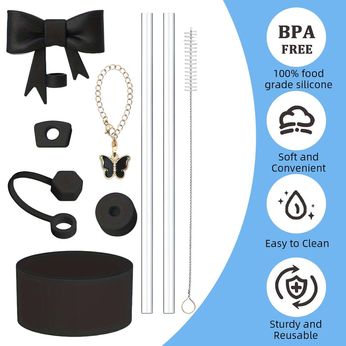 Juego de accesorios para vasos, 9 Uds., incluye tapón a prueba de derrames, cadena con dije de lazo de paja, cubierta de paja - Quierox - Tienda Online