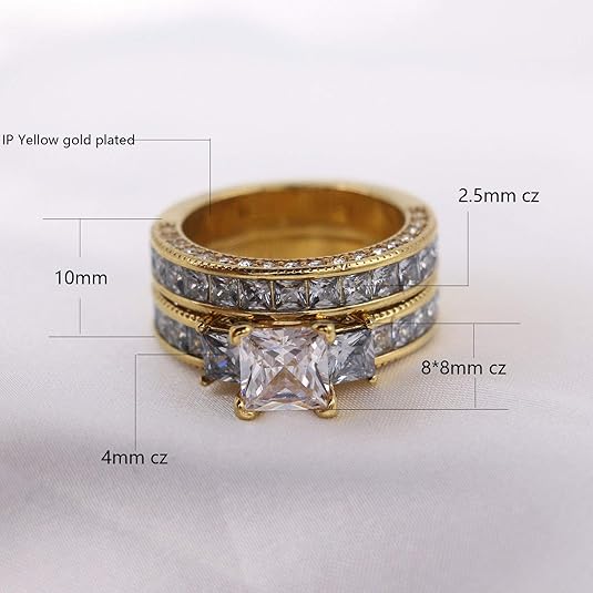 Juego de anillos de boda en color oro amarillo de princesa circonitas para mujer - Quierox - Tienda Online