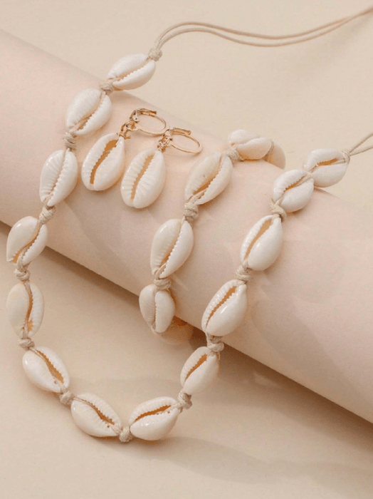 Juego de aretes, pulsera y collar trenzados de cera con cuentas naturales - Quierox - Tienda Online