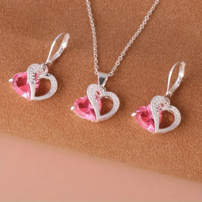 Juego de Collar y Pendientes en Forma de Corazón Plateado, Conjunto de Colgante - Quierox - Tienda Online