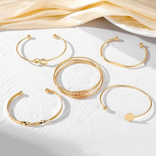 Juego de pulseras doradas apilables abiertas y ajustables de estilo bohemio - Quierox - Tienda Online