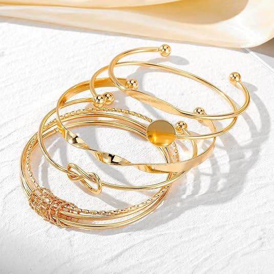 Juego de pulseras doradas apilables abiertas y ajustables de estilo bohemio - Quierox - Tienda Online