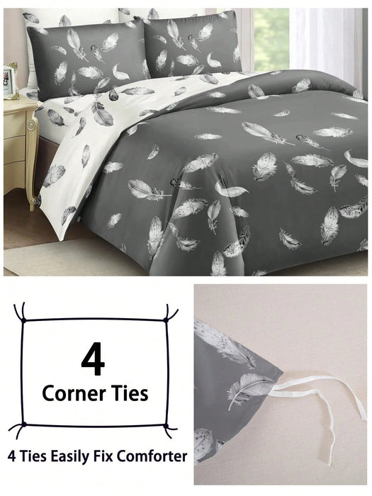 Juego de sábanas nórdica de 3pcs con estampado de plumas, suave y agradable al tacto - Quierox - Tienda Online