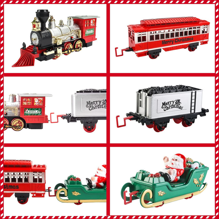 Juego de Tren Temático Navideño Clásico para Niños con Faros, Sonidos Realistas, 4 Coches, Vagón y Pistas - Quierox - Tienda Online