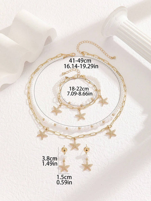 Jugego de 4pcs de collar, brazaletes y aretes de perlas falsas en forma de estrella - Quierox - Tienda Online