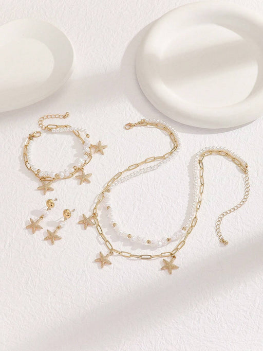 Jugego de 4pcs de collar, brazaletes y aretes de perlas falsas en forma de estrella - Quierox - Tienda Online