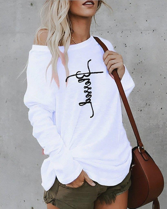 Blusa de mujer de manga larga con escote Bardot y detalle estampado