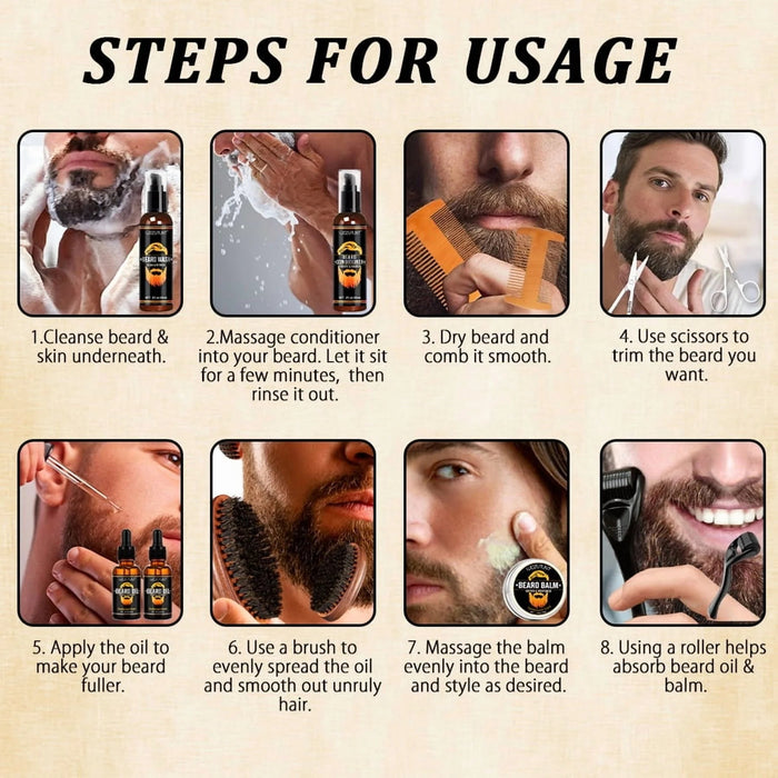 Kit de barba Wozutunt para hombre, set de cuidado y recorte con champú, aceite, bálsamo, cepillo, peine y tijeras - Quierox - Tienda Online