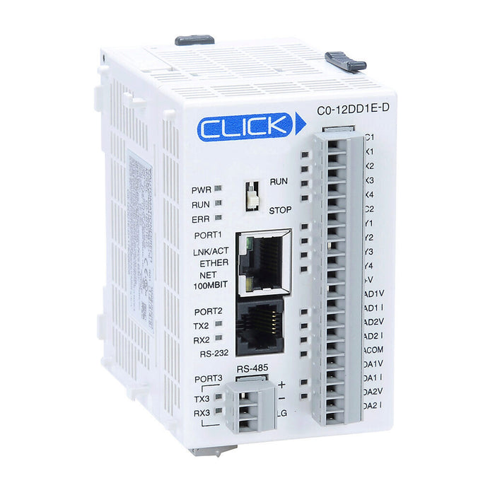 PLC CLICK alimentado por CC con 8 E/S discretas y 4 E/S analógicas C0-12DD1E-D