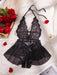 Lencería sexy negra con escote en V profundo de encaje para mujer con aberturas - Quierox - Tienda Online