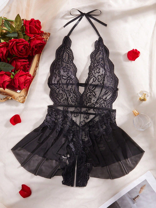 Lencería sexy negra con escote en V profundo de encaje para mujer con aberturas - Quierox - Tienda Online