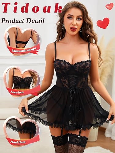 Lencería sexy para mujer, babydoll de encaje, camisón push-up con dobladillo de pétalo y liguero - Quierox - Tienda Online