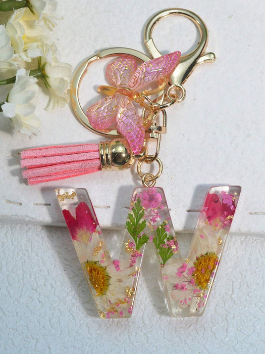 Llavero con inicial para niñas y mujeres, llavero rosa con flor seca de diente de león - Quierox - Tienda Online