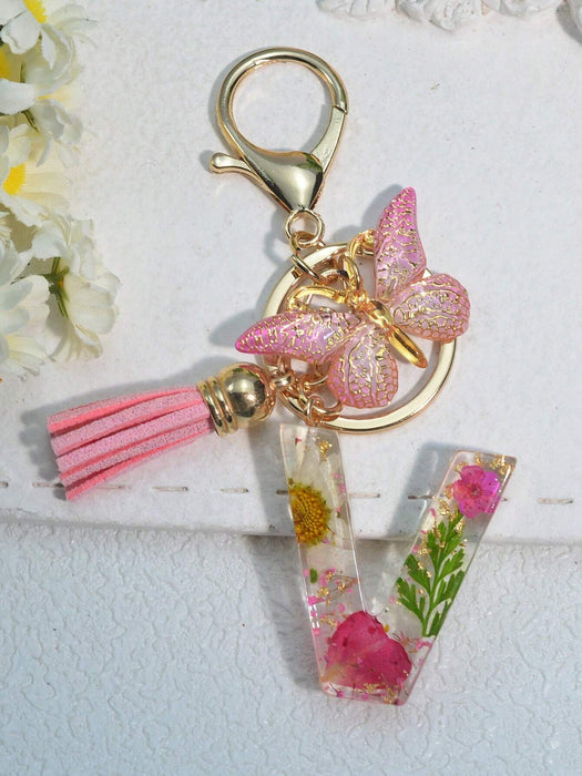 Llavero con inicial para niñas y mujeres, llavero rosa con flor seca de diente de león - Quierox - Tienda Online