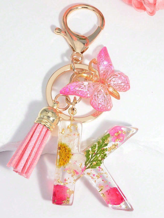 Llavero con inicial para niñas y mujeres, llavero rosa con flor seca de diente de león - Quierox - Tienda Online
