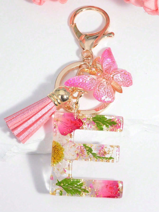 Llavero con inicial para niñas y mujeres, llavero rosa con flor seca de diente de león - Quierox - Tienda Online