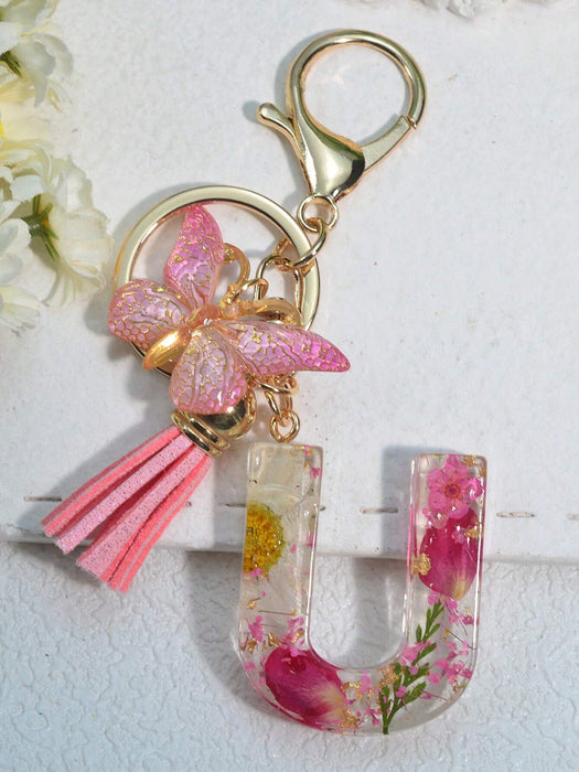 Llavero con inicial para niñas y mujeres, llavero rosa con flor seca de diente de león - Quierox - Tienda Online