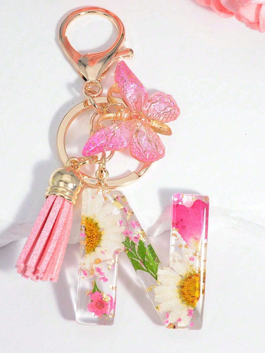 Llavero con inicial para niñas y mujeres, llavero rosa con flor seca de diente de león - Quierox - Tienda Online