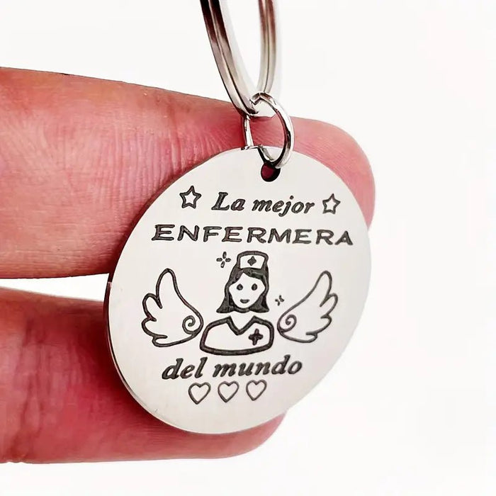 Llavero de enfermera de acero inoxidable, Diseño de ángel enfermera con grabado - Quierox - Tienda Online