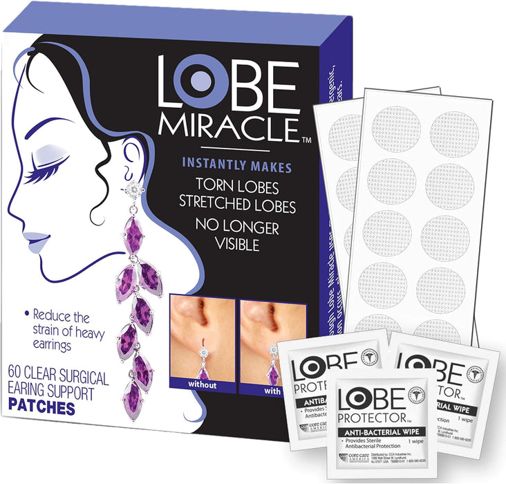 Lobe Miracle Kit Plus – Parches transparentes de soporte para aretes y toallitas antisépticas incluidas - Quierox - Tienda Online