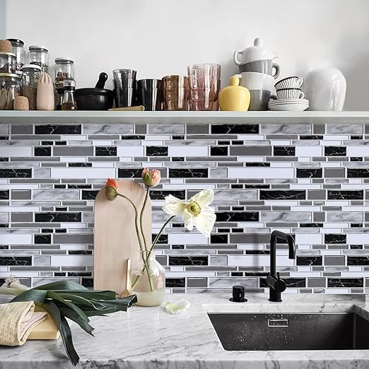 Loseta en muro adhesiva de color blanco y negro para cocina, papel tapiz removible de 11.8 x 78.7 - Quierox - Tienda Online