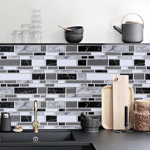 Loseta en muro adhesiva de color blanco y negro para cocina, papel tapiz removible de 11.8 x 78.7 - Quierox - Tienda Online