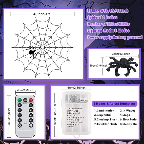 Luces de telaraña para decoración de Halloween, 4 pies de diámetro, 70 luces LED con araña negra - Quierox - Tienda Online