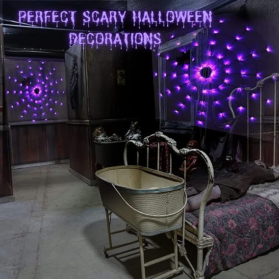 Luces de telaraña para decoración de Halloween, 4 pies de diámetro, 70 luces LED con araña negra - Quierox - Tienda Online
