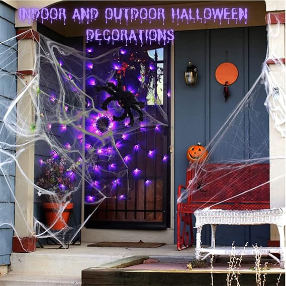 Luces de telaraña para decoración de Halloween, 4 pies de diámetro, 70 luces LED con araña negra - Quierox - Tienda Online