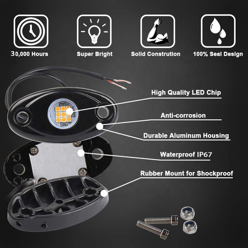 Luces LED amarillas de roca, 4 cápsulas de neón de 12 V, resistente al agua - Quierox - Tienda Online