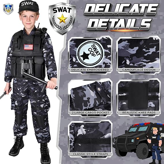 Luucio SWAT - Disfraz de policía para niños, disfraz de oficial de policía para niños con chaleco SWAT - Quierox - Tienda Online