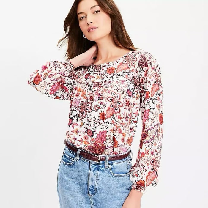 LOFT Blusa con estampado floral de técnica mixta fruncida