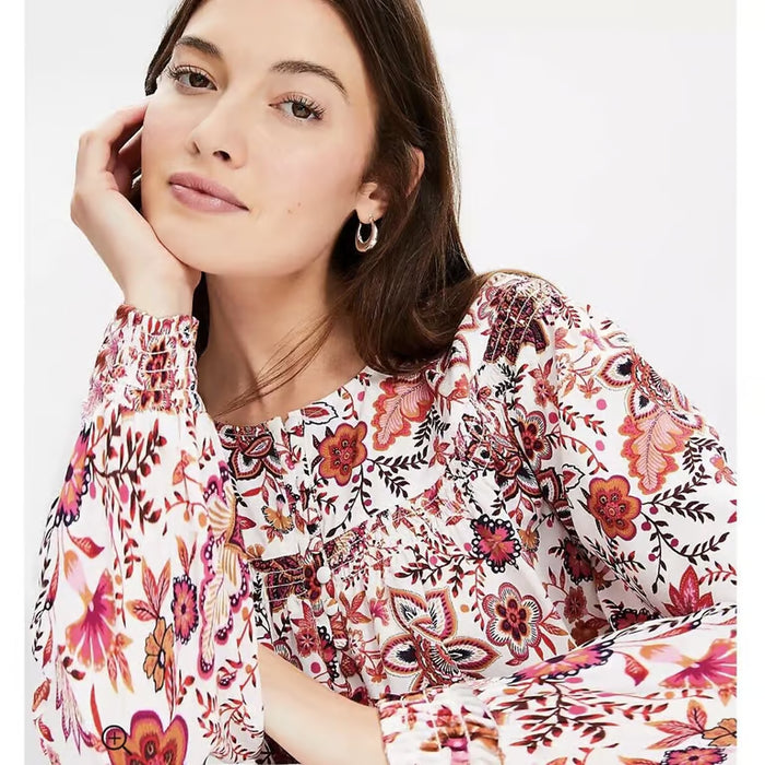 LOFT Blusa con estampado floral de técnica mixta fruncida