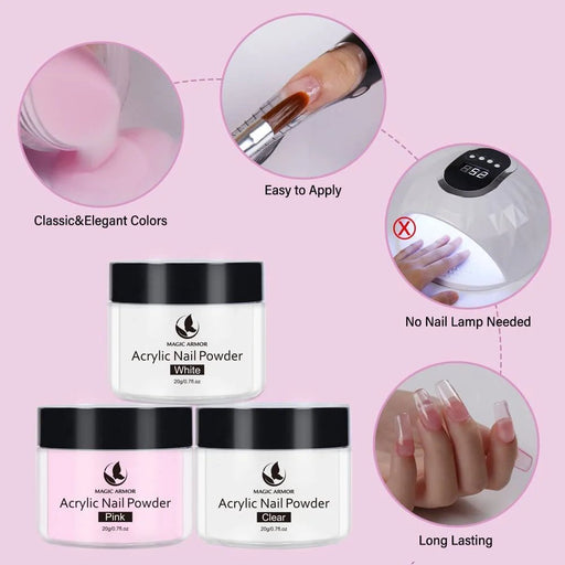 MAGIC ARMOR 3 polvos acrílicos transparentes, rosa y blanco, 20 g, - Quierox - Tienda Online