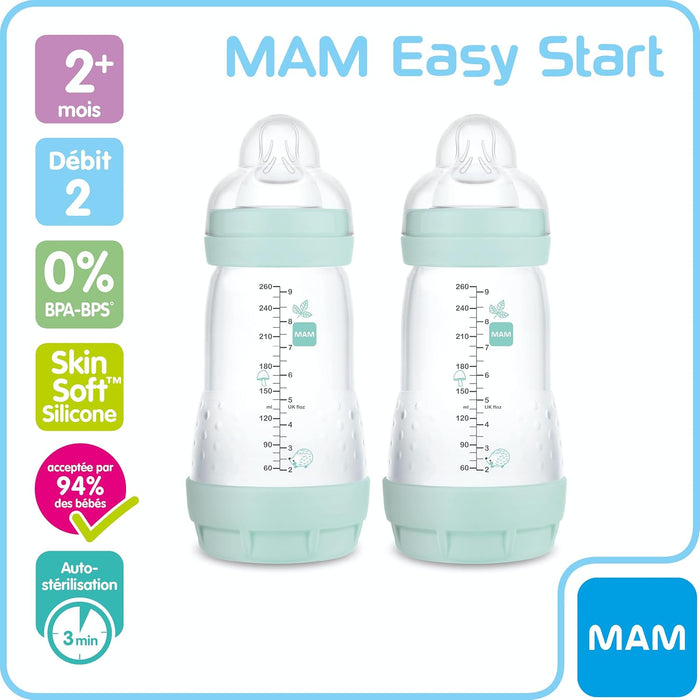MAM Set de 2 biberones Easy Start Anti - Cólicos (260 ml), biberón ideal para lactancia mixta - Quierox - Tienda Online