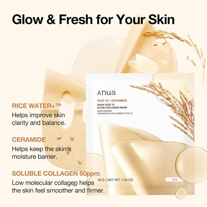 Mascarilla facial de colágeno ANUA Rice 70 Glow, nocturna para una piel radiante - Quierox - Tienda Online