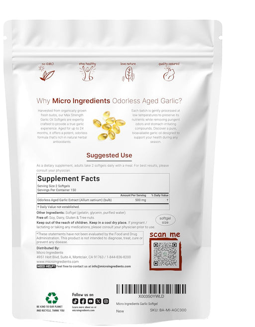 Micro Ingredients Ajo inodoro, 300 cápsulas blandas | Extracto de ajo de 2 años de edad - Quierox - Tienda Online