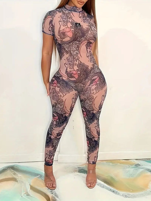 Mono de malla con cuello alto estampado completo, mono ajustado de manga - Quierox - Tienda Online