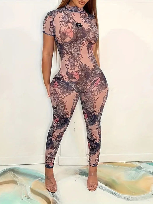 Mono de malla con cuello alto estampado completo, mono ajustado de manga - Quierox - Tienda Online