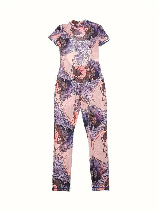 Mono de malla con cuello alto estampado completo, mono ajustado de manga - Quierox - Tienda Online