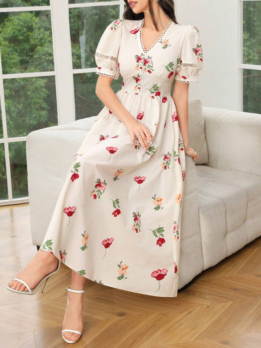 Mulvari Vestido elegante con mangas abullonadas y estampado floral para mujeres - Quierox - Tienda Online
