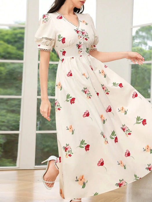 Mulvari Vestido elegante con mangas abullonadas y estampado floral para mujeres - Quierox - Tienda Online