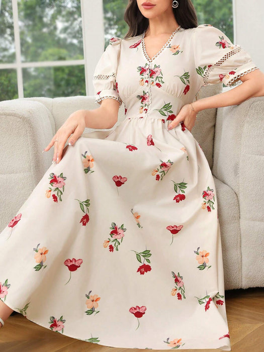 Mulvari Vestido elegante con mangas abullonadas y estampado floral para mujeres - Quierox - Tienda Online
