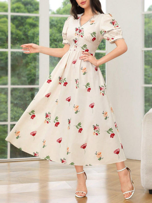 Mulvari Vestido elegante con mangas abullonadas y estampado floral para mujeres - Quierox - Tienda Online