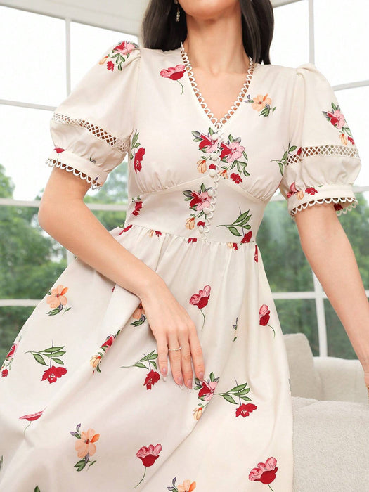 Mulvari Vestido elegante con mangas abullonadas y estampado floral para mujeres - Quierox - Tienda Online