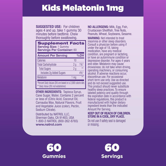 Natrol Melatonina para niños de 1 mg, suplemento para un sueño reparador, gomitas para dormir para niños - Quierox - Tienda Online
