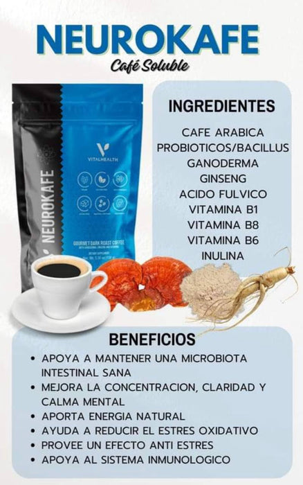 Neurokafe - Café negro premium con ganoderma y ginseng, mezcla nootrópica, 150 g - Quierox - Tienda Online