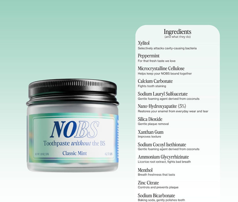 NOBS Pastillas de pasta de dientes, Nano hidroxiapatita, sin fluoruro y plástico - Quierox - Tienda Online